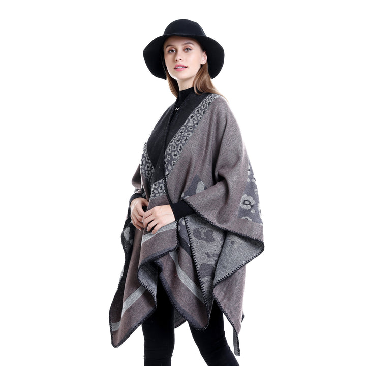 Damen Jacquard-Wollmix Ruana-Poncho mit V-Ausschnitt und Ziernaht Drune