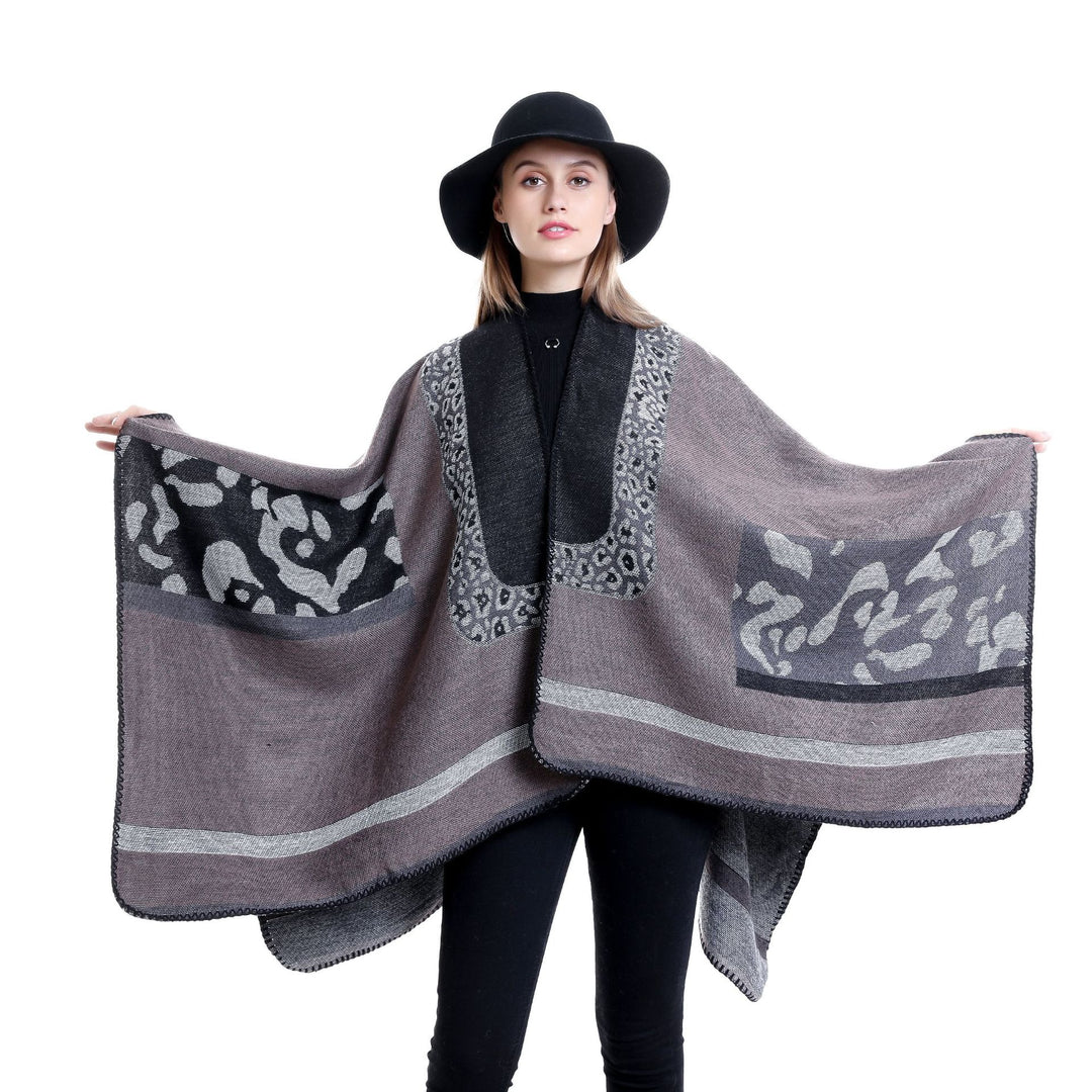 Damen Jacquard-Wollmix Ruana-Poncho mit V-Ausschnitt und Ziernaht Drune