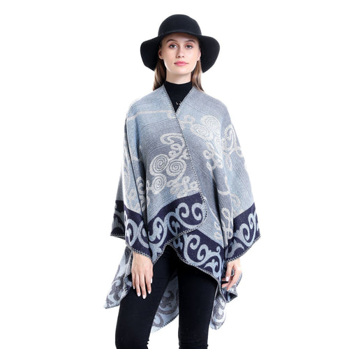 Damen Jacquard‑Ruana‑Poncho aus Wollmix mit asymmetrischem Zipfelsaum Drune