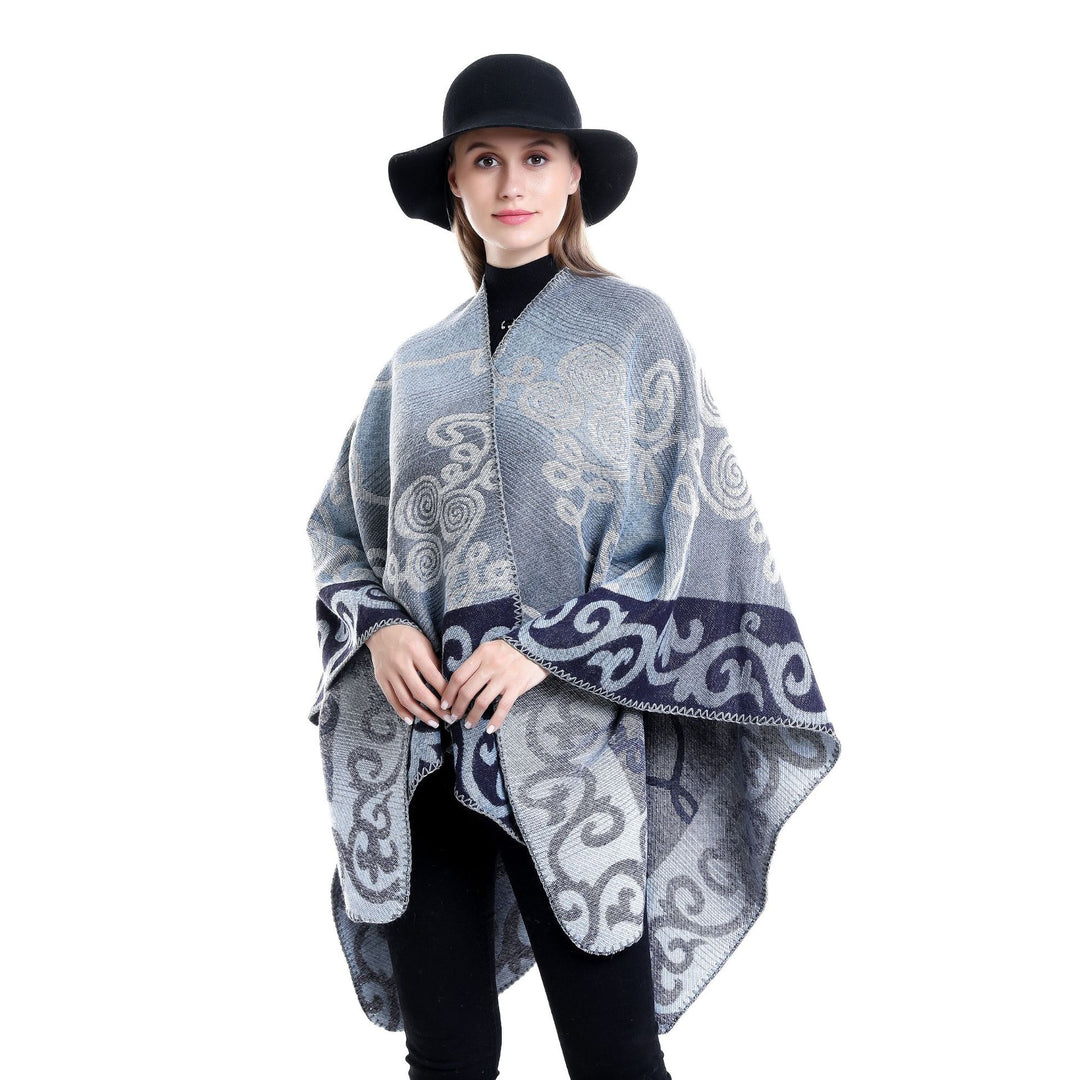 Damen Jacquard‑Ruana‑Poncho aus Wollmix mit asymmetrischem Zipfelsaum Drune