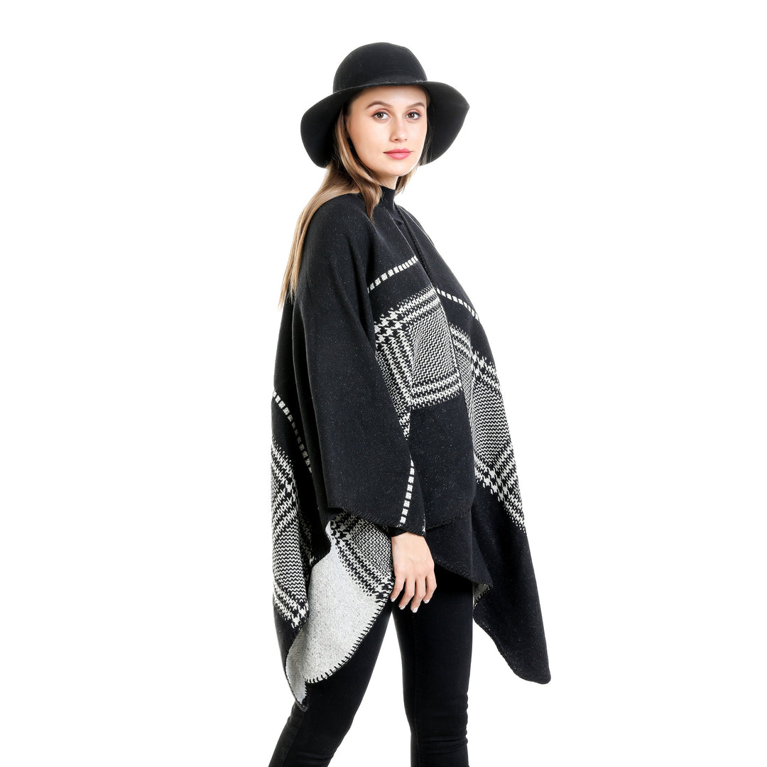 Damen Jacquard-Wollmix-Ruana mit offenem Kimono-Fall und dekorativer Kettelnaht Drune