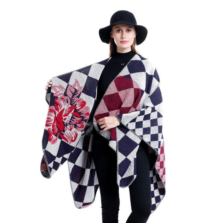 Damen Oversize-Ruana im Jacquard mit Karomuster und floralem Allover Drune