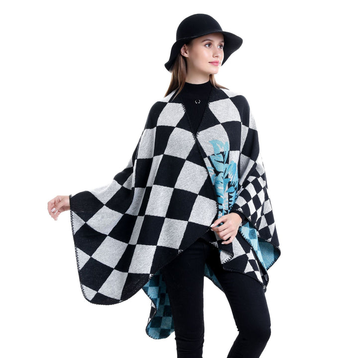 Damen Oversize-Ruana im Jacquard mit Karomuster und floralem Allover Drune