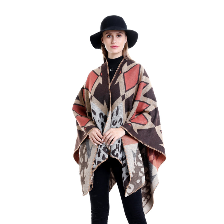 Damen Oversize-Ruana-Poncho mit geometrischem und Animal-Jacquard Drune