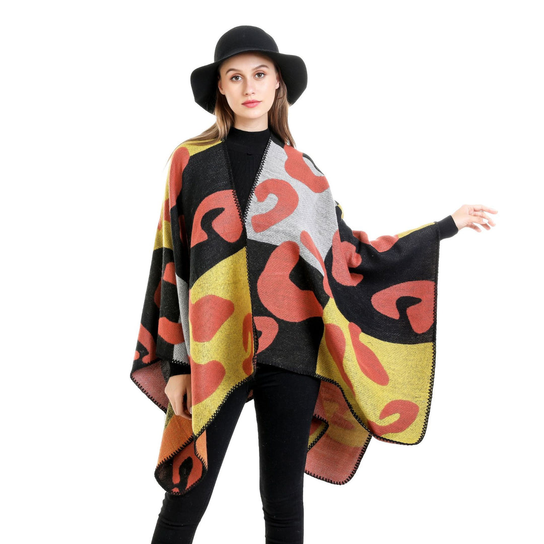 Damen Oversize-Ruana mit abstraktem Grafikjacquard und dekorativer Kettelnaht Drune