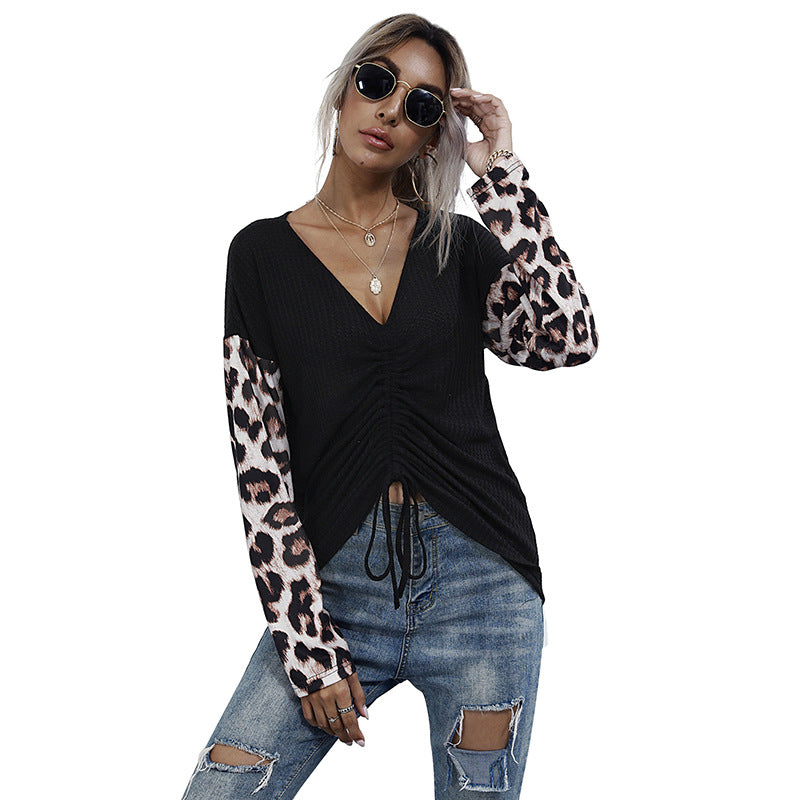 Damen Geripptes V-Ausschnitt-Longsleeve mit Raffung & Leo-Ärmeln Drune