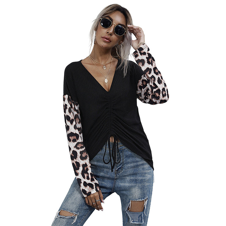 Damen Geripptes V-Ausschnitt-Longsleeve mit Raffung & Leo-Ärmeln Drune