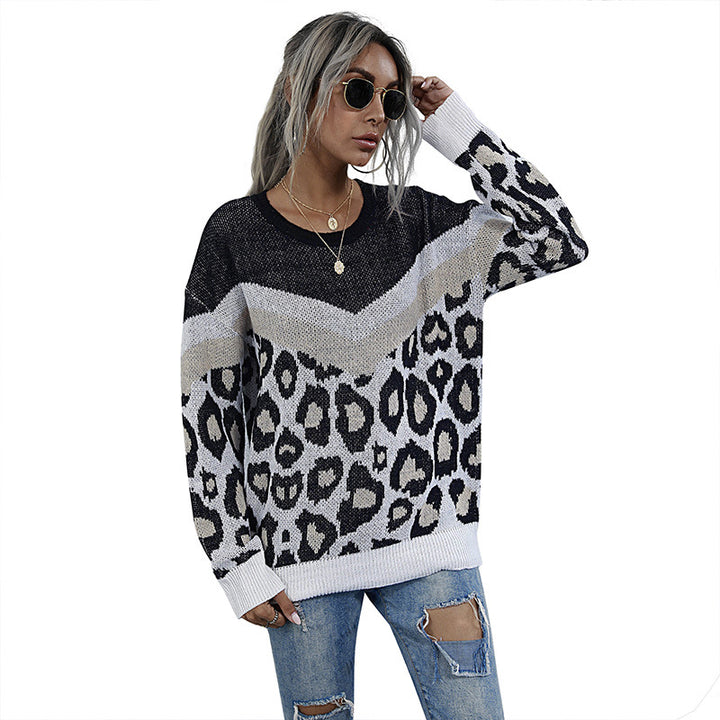 Damen Oversize Strickpullover mit Leopardenjacquard und kontrastierender V‑Blende Drune