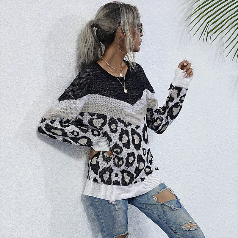 Damen Oversize-Feinstrickpullover mit Chevron-Detail und abstraktem Leoprint Drune