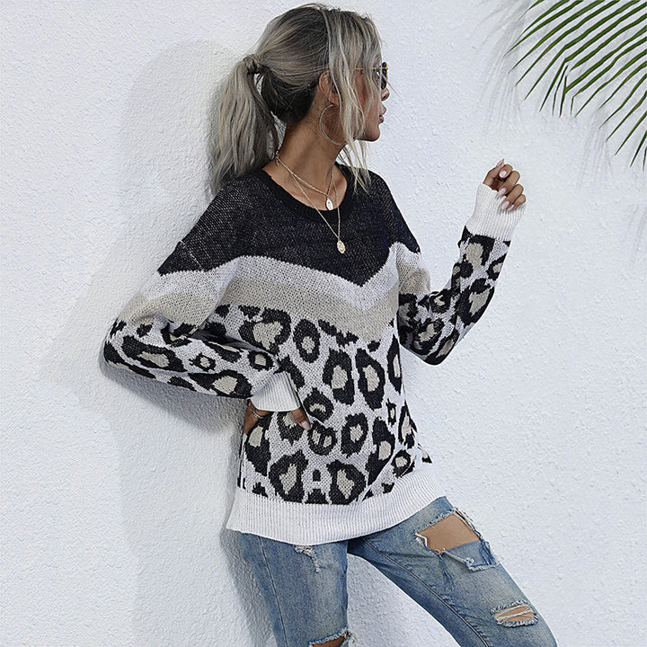 Damen Oversize-Feinstrickpullover mit Chevron-Detail und abstraktem Leoprint Drune