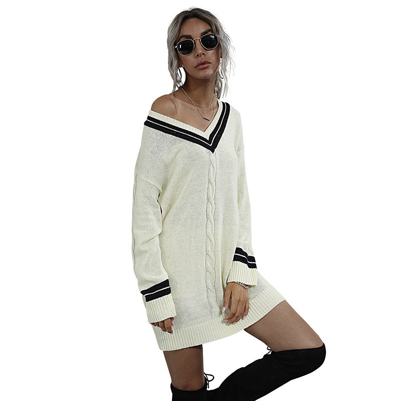 Damen Strick‑Minikleid mit V‑Ausschnitt, Zopfmuster und College‑Streifen Drune