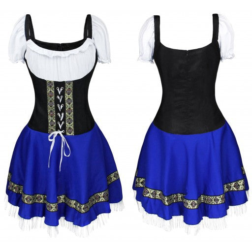 Damen  traditionelles Dirndlkleid mit Spitzenärmeln Miederkorsage und geraffter Schürze Drune