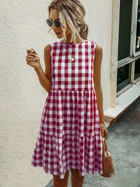 Drune | Mode, Locker Geschnittenes Damenkleid mit Rundhalsausschnitt, Kariert Pastelmittelrock