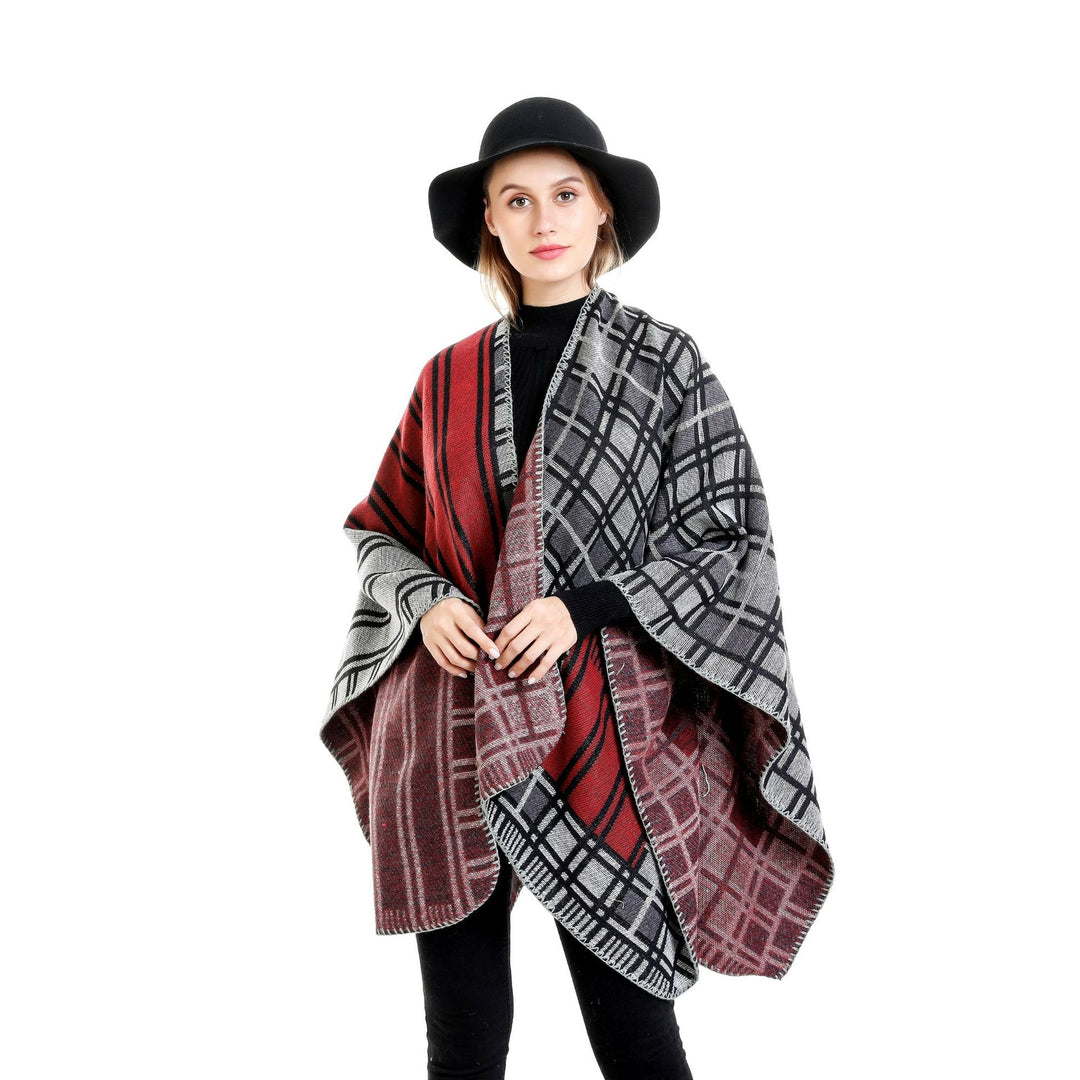 Damen Oversize-Ruana im Patch-Karo-Strick mit offenem Saum Drune