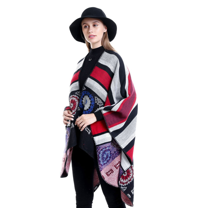 Damen Oversize-Ruana-Poncho mit V-Ausschnitt und ornamentaler Jacquard-Webung Drune