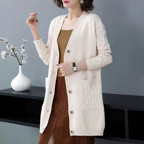 Drune | Cardigan-Pullover Wollstrick Lockere Passform Kabelärmeln Mittellang Knopffront