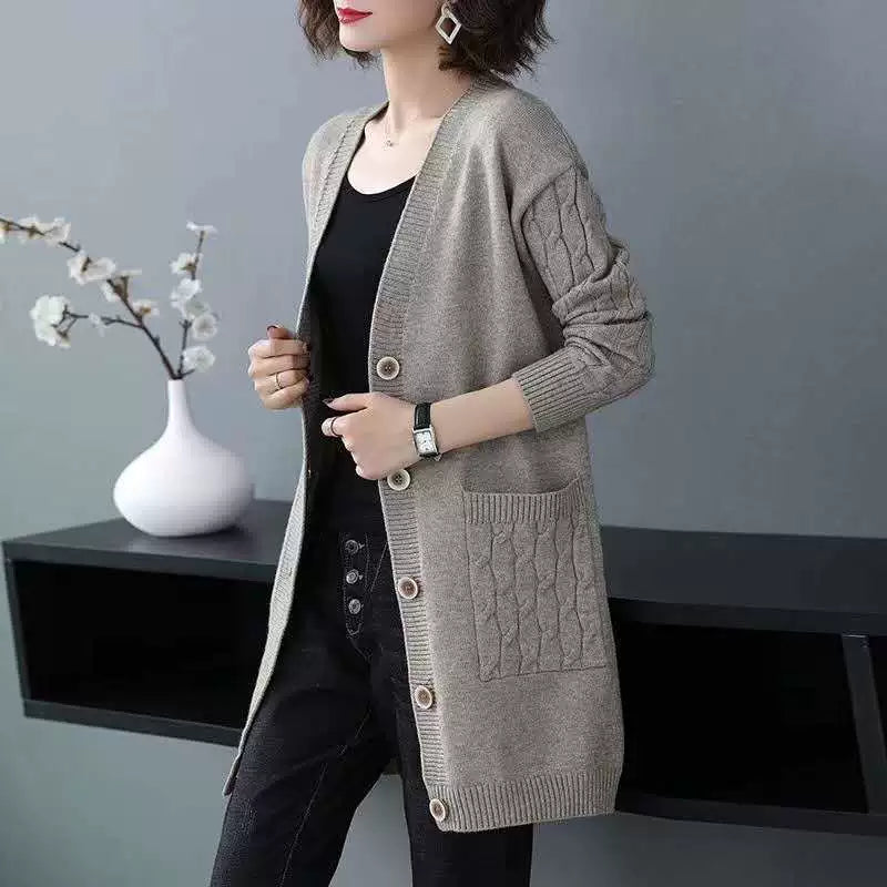 Drune | Cardigan-Pullover Wollstrick Lockere Passform Kabelärmeln Mittellang Knopffront