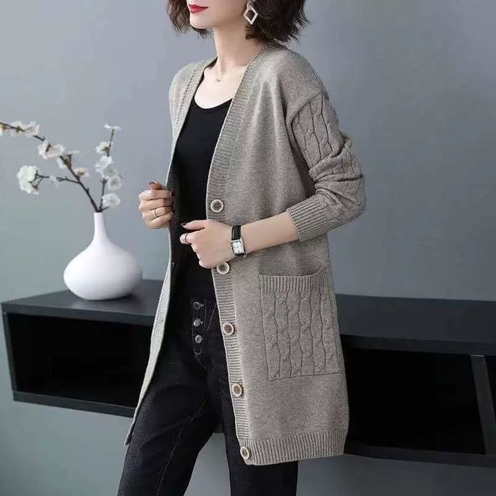 Drune | Cardigan-Pullover Wollstrick Lockere Passform Kabelärmeln Mittellang Knopffront