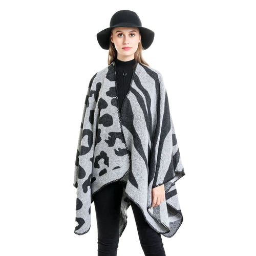 Damen Oversize‑Poncho im Revers‑Stil mit Animal‑Jacquard aus Wollmix Drune