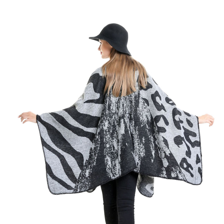 Damen Oversize‑Poncho im Revers‑Stil mit Animal‑Jacquard aus Wollmix Drune