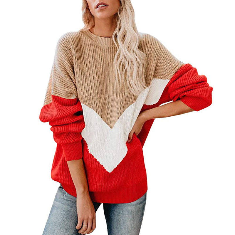 Damen Oversize-Colorblock-Pullover mit V‑Intarsie, Rippbündchen und Strukturstrick Drune