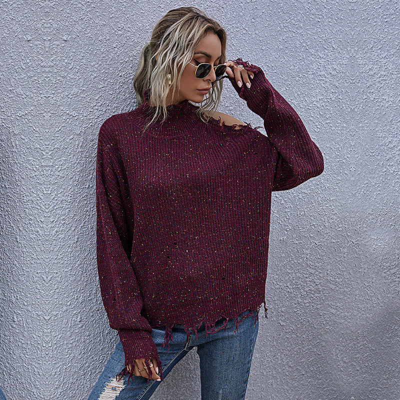 Damen Grobstrickpullover mit hohem Kragen, asymmetrischem Schultercut‑Out und ausgefranster Saum Drune