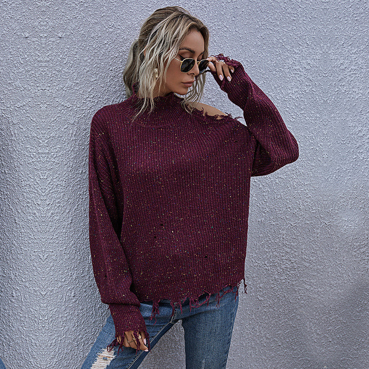 Damen Grobstrickpullover mit hohem Kragen, asymmetrischem Schultercut‑Out und ausgefranster Saum Drune