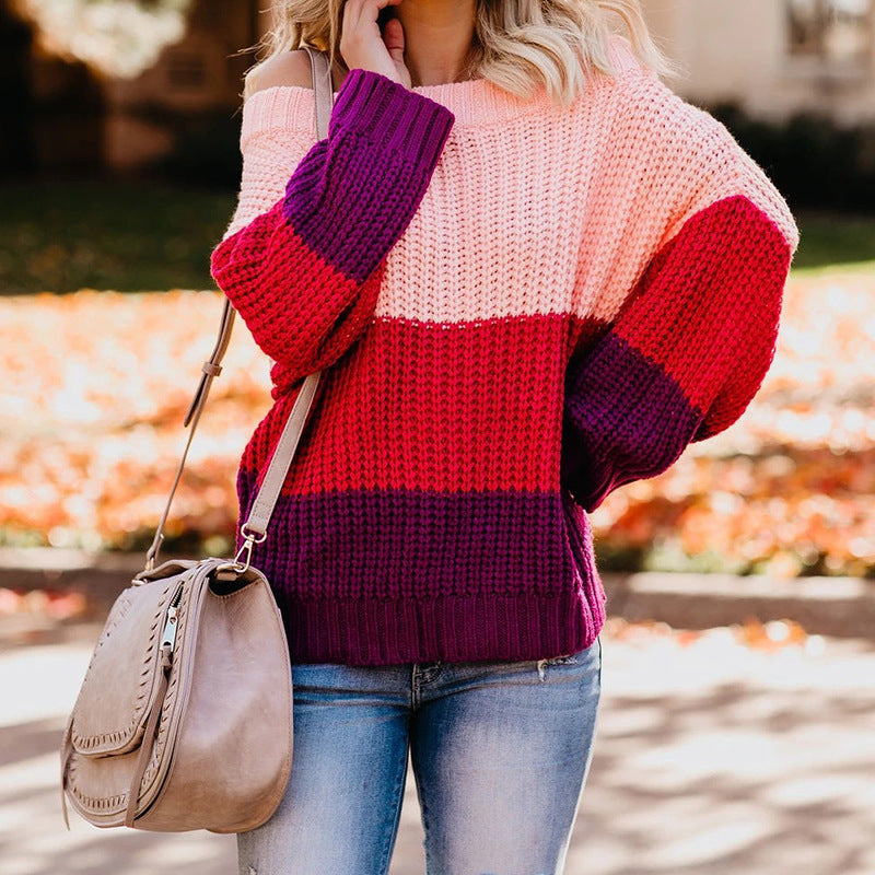 Damen lässiger Grobstrickpullover mit Off-Shoulder Design und dekorativer Farbkombination Drune