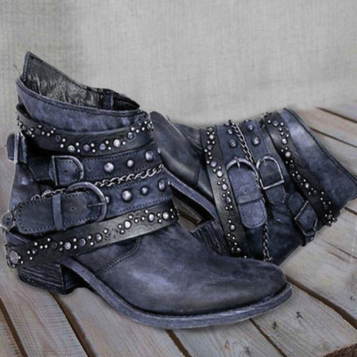 Damen nan knöchelhohe Biker-Stiefelette mit mehreren Nietenriemen, dekorativen Ketten und verstellbaren Schnallen Drune
