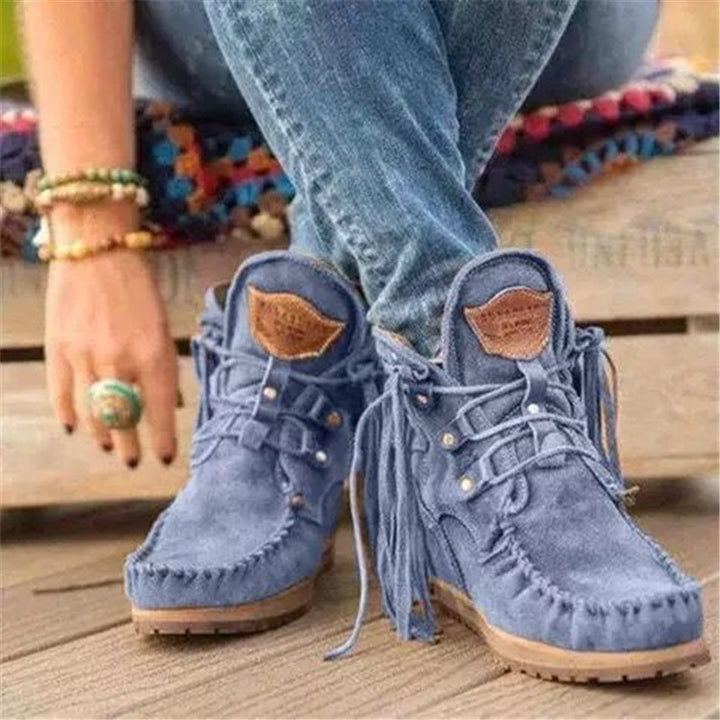 Damen nan Mokassin-Ankleboot mit Fransen, Schnürung und gepolstertem Komfortfußbett Drune