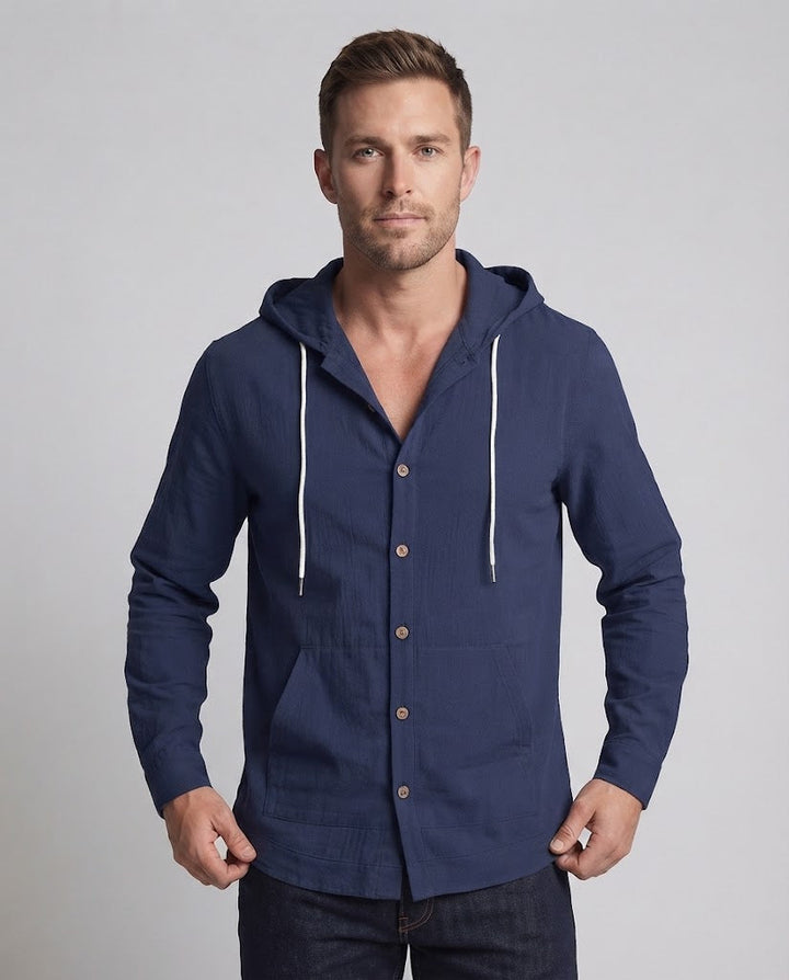Herren Kapuzen‑Hemdjacke mit Holzknöpfen und Kängurutasche Drune