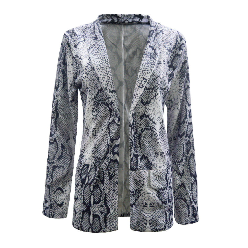 Damen Leichter Longblazer mit Schlangenprint, offener Front und aufgesetzten Taschen Drune