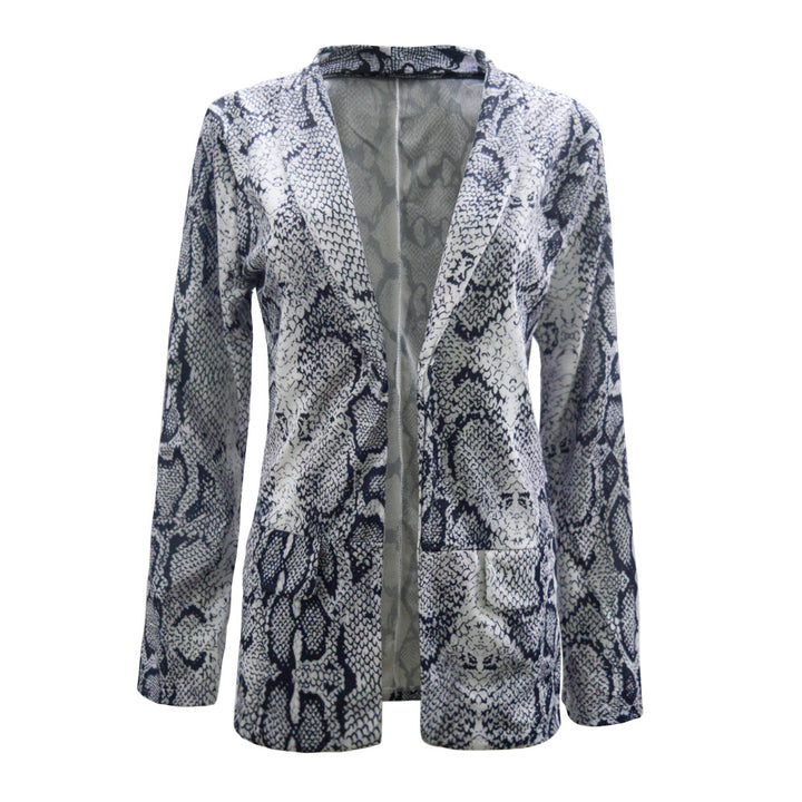 Damen Leichter Longblazer mit Schlangenprint, offener Front und aufgesetzten Taschen Drune