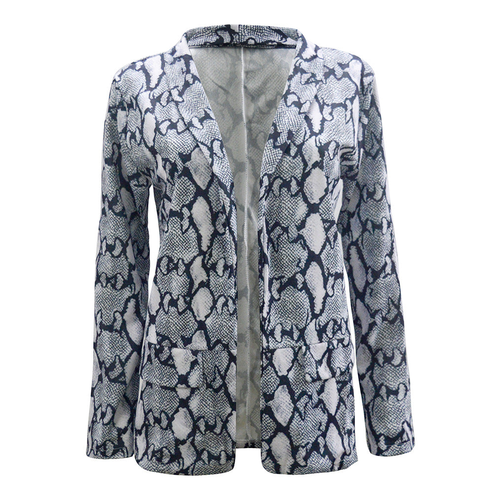 Damen Leichter Longblazer mit Schlangenprint, offener Front und aufgesetzten Taschen Drune