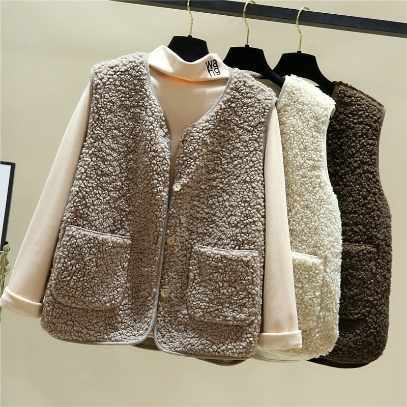 Damen kuschelige Teddyweste mit Druckknopf und aufgesetzten Taschen Drune