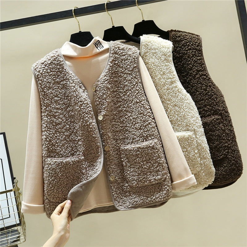 Damen kuschelige Teddyweste mit Druckknopf und aufgesetzten Taschen Drune