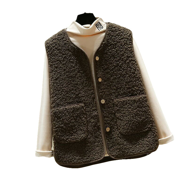 Damen kuschelige Teddyweste mit Druckknopf und aufgesetzten Taschen Drune