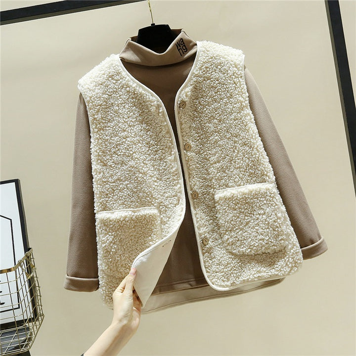 Damen kuschelige Teddyweste mit Druckknopf und aufgesetzten Taschen Drune