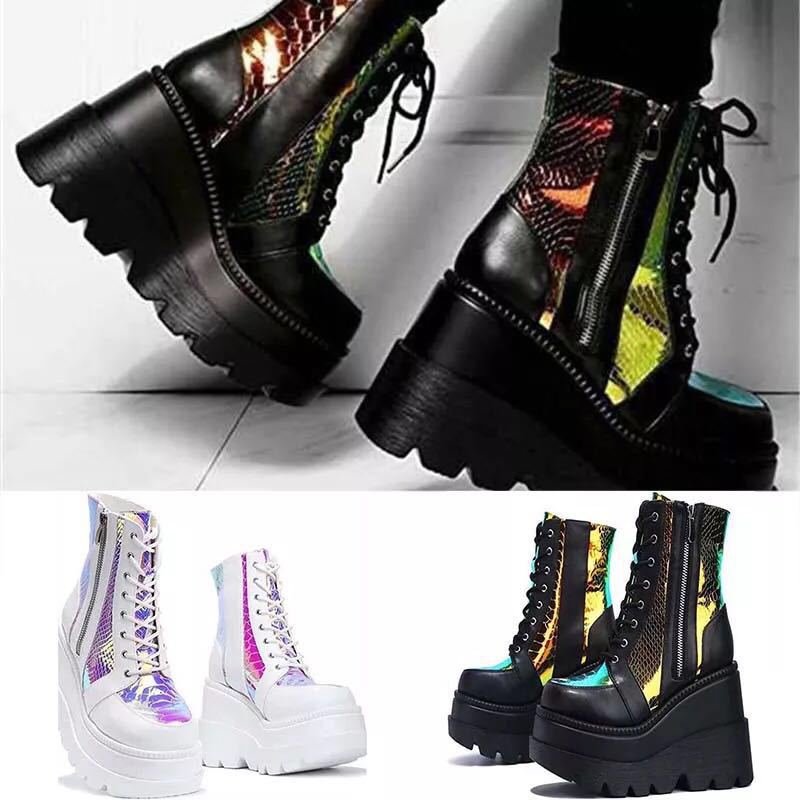 Damen nan Plateau-Bikerstiefel mit holografischen Einsätzen, Schnürung und seitlichem Reißverschluss Drune