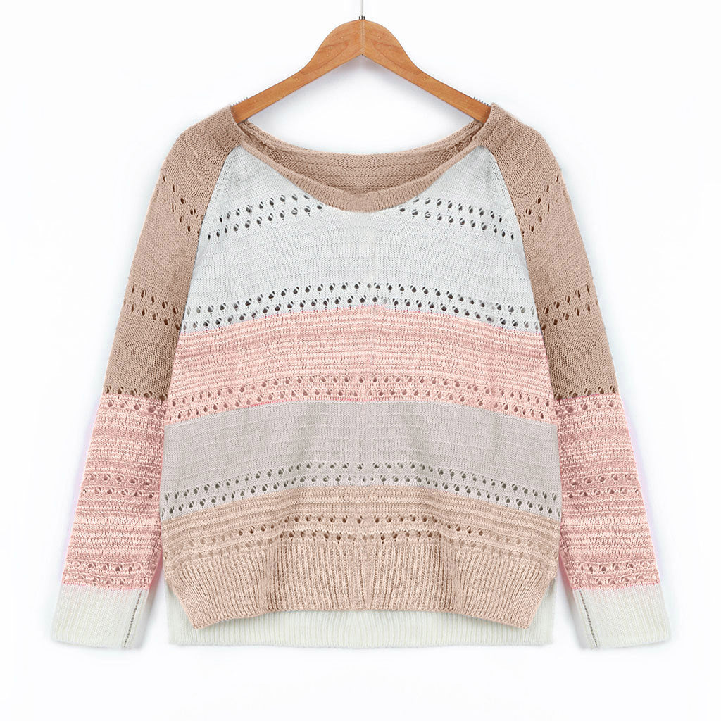 Damen Strickpullover mit ausgefallenem Farbdesign und modischem Lochmuster Drune