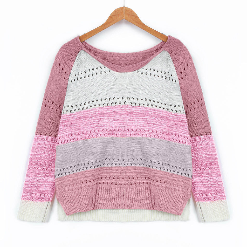 Damen Strickpullover mit ausgefallenem Farbdesign und modischem Lochmuster Drune