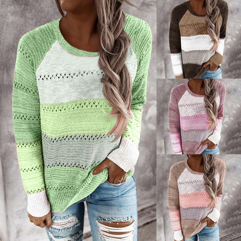 Damen Strickpullover mit ausgefallenem Farbdesign und modischem Lochmuster Drune
