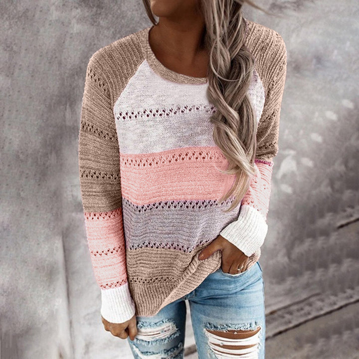Damen Strickpullover mit ausgefallenem Farbdesign und modischem Lochmuster Drune