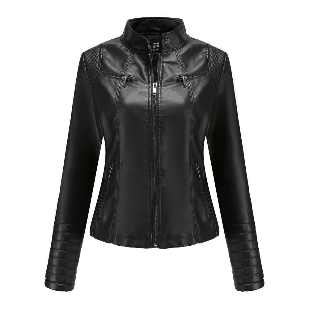 Damen nan taillierte Bikerjacke aus Kunstleder mit Stehkragen und gesteppter Ärmelpartie Drune