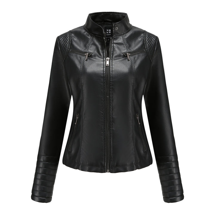 Damen nan taillierte Bikerjacke aus Kunstleder mit Stehkragen und gesteppter Ärmelpartie Drune