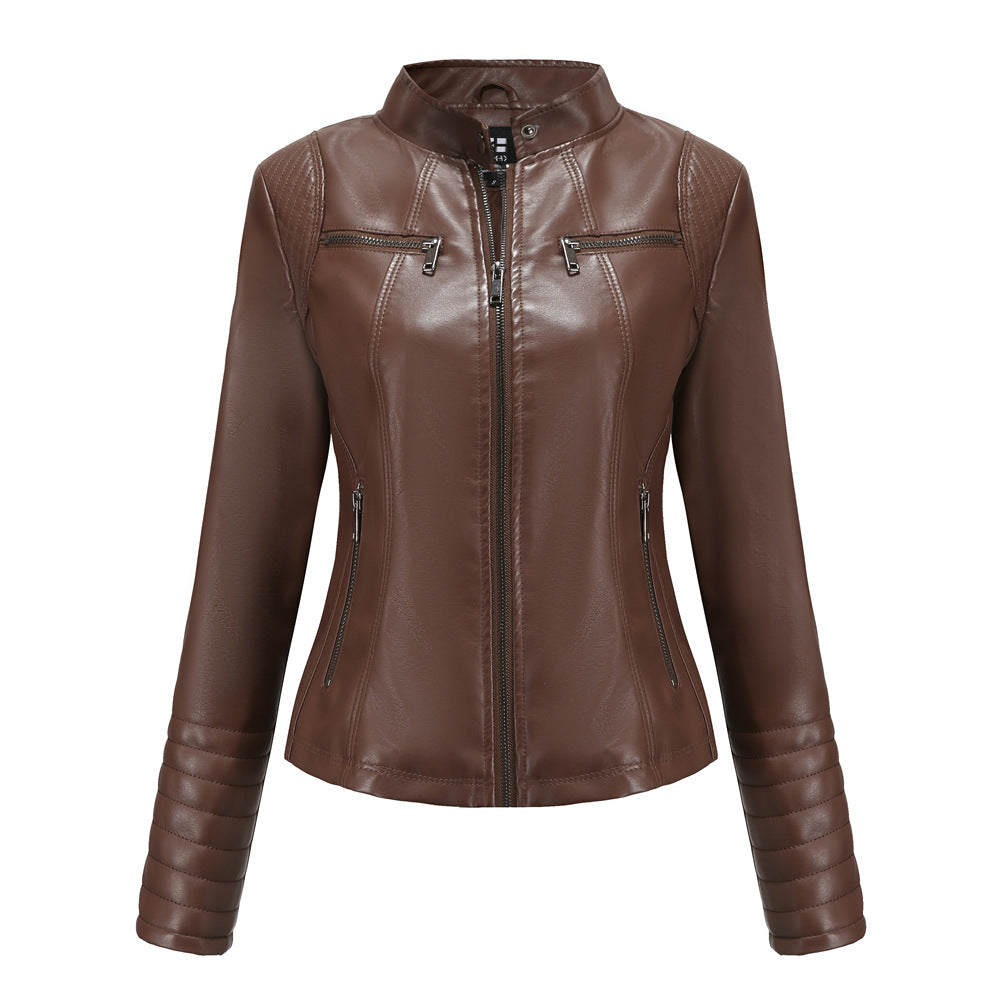 Damen nan taillierte Bikerjacke aus Kunstleder mit Stehkragen und gesteppter Ärmelpartie Drune