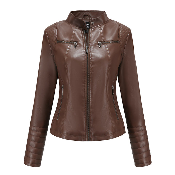 Damen nan taillierte Bikerjacke aus Kunstleder mit Stehkragen und gesteppter Ärmelpartie Drune