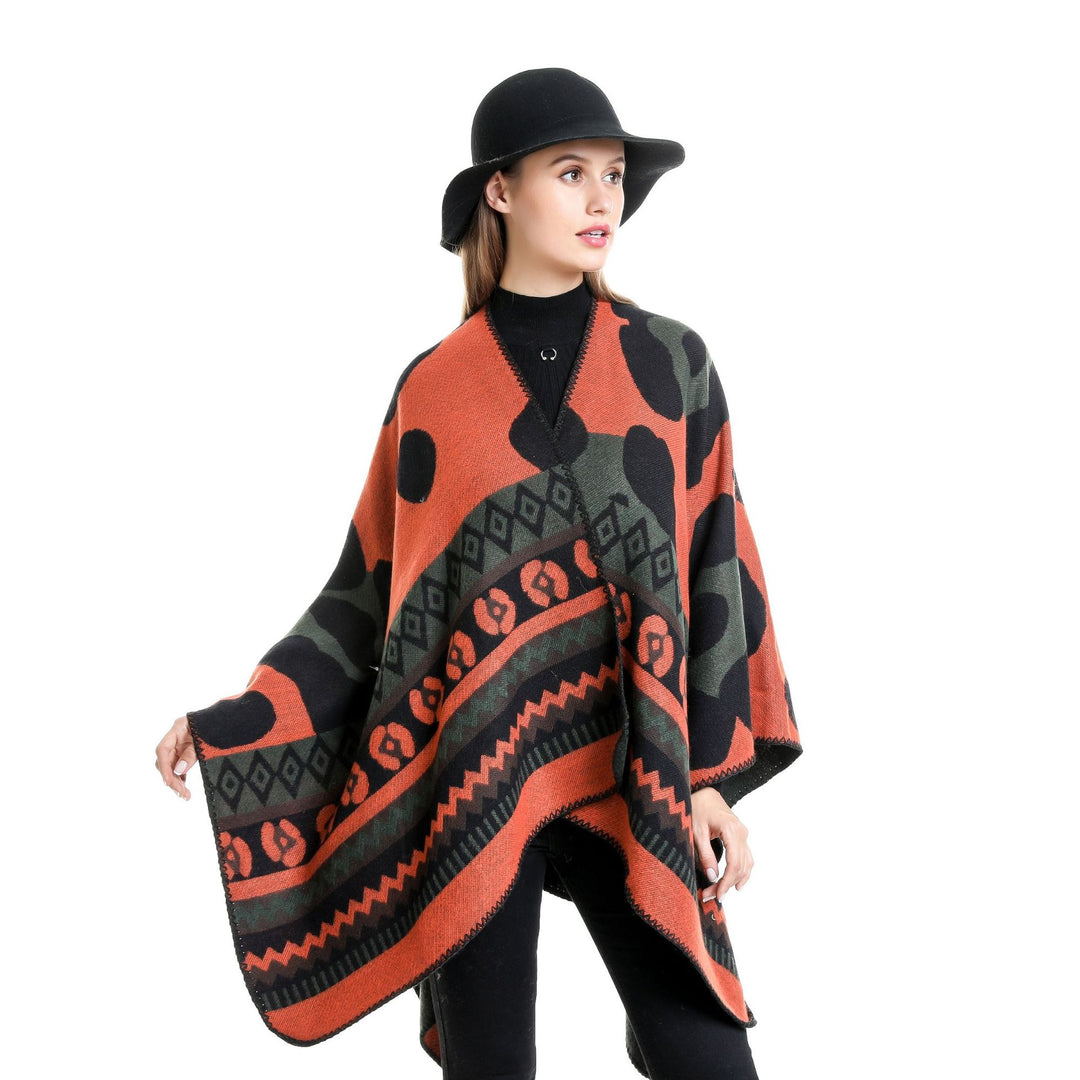 Damen Jacquard-Ruana‑Poncho mit Ethno‑Jacquard und offenem Oversize‑Fall Drune