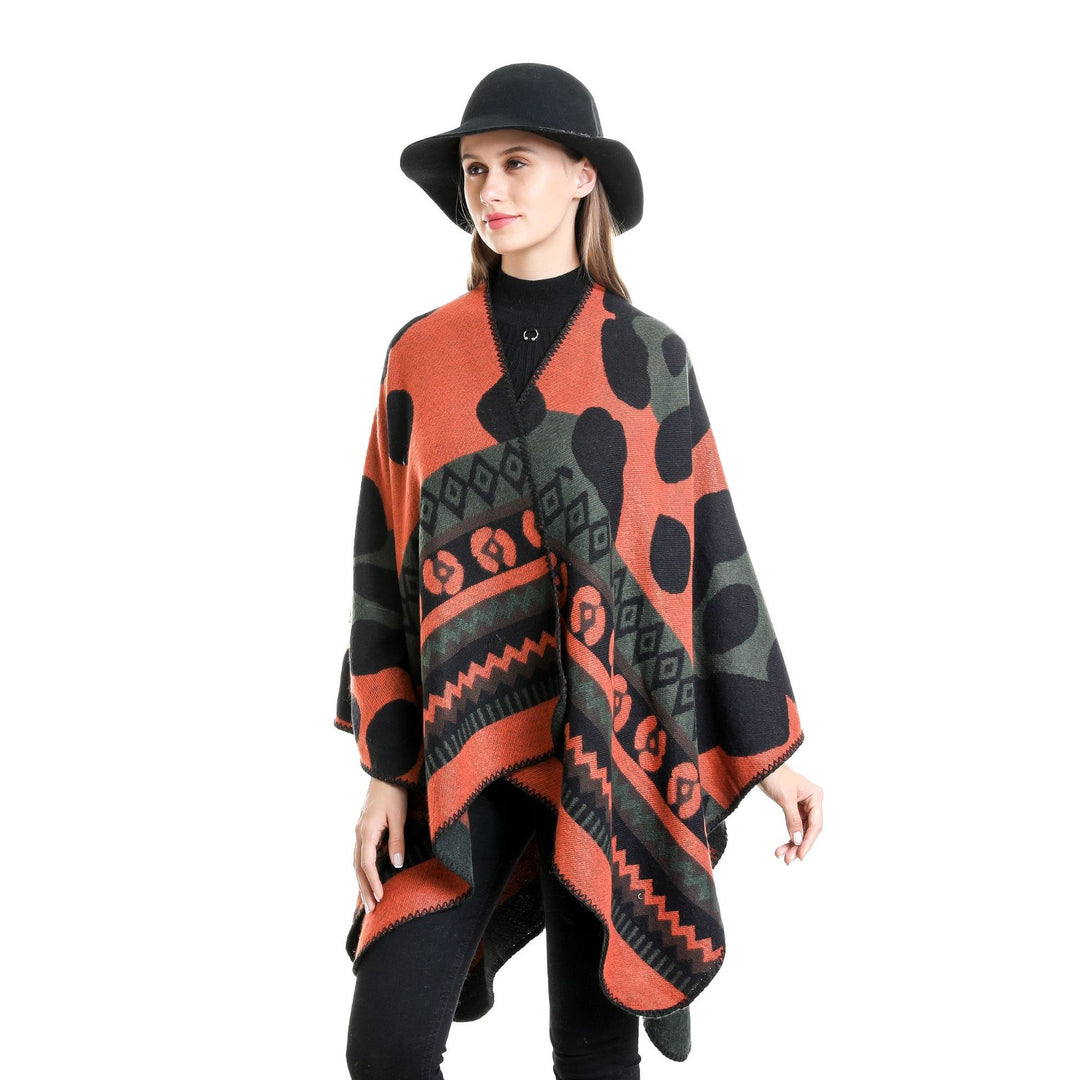 Damen Jacquard-Ruana‑Poncho mit Ethno‑Jacquard und offenem Oversize‑Fall Drune