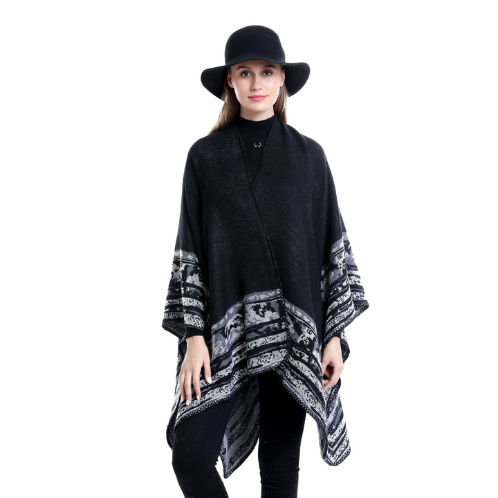 Damen Weichfallende Oversize-Ruana im Umhangstil mit ornamentaler Bordüre Drune